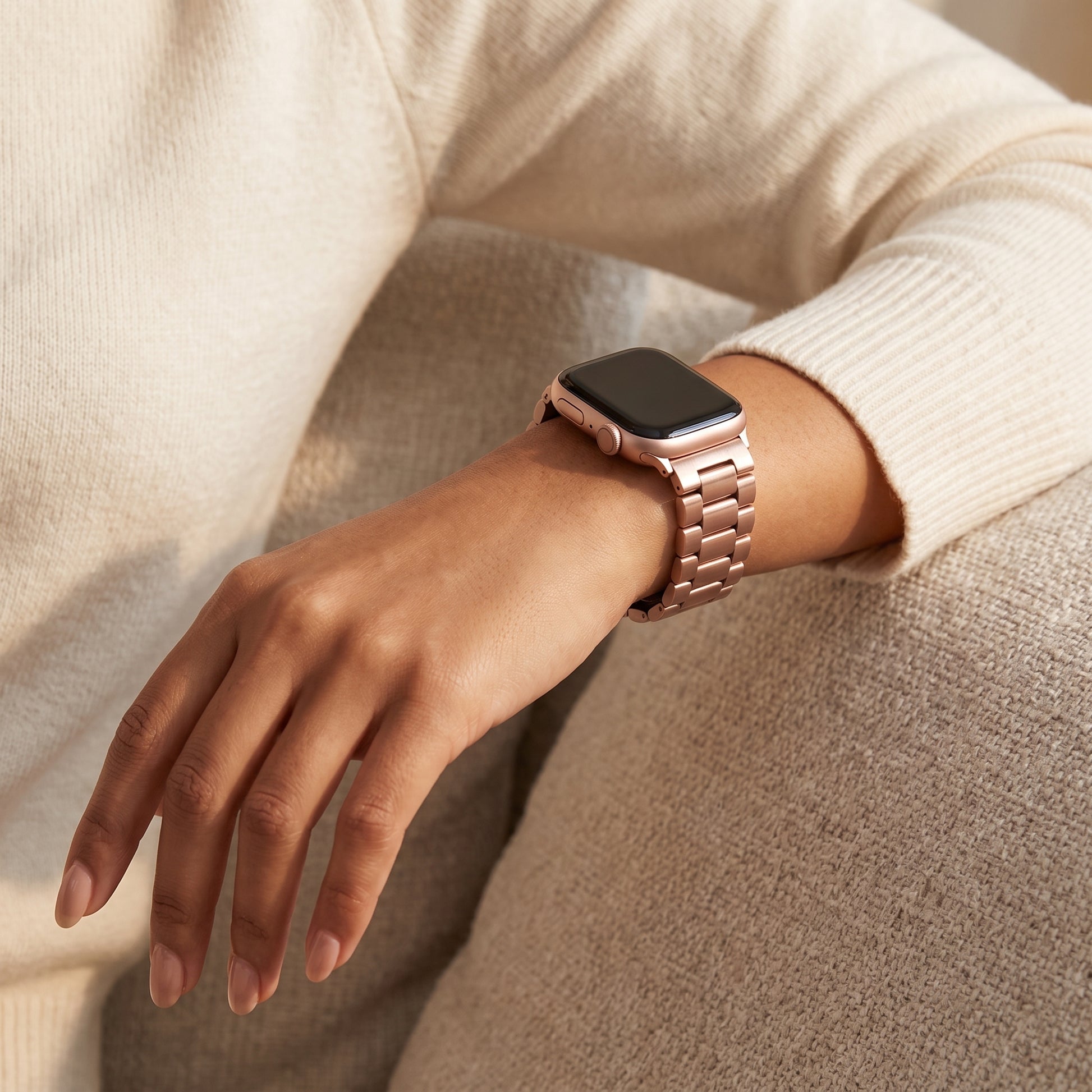 polished rose gold colour stainless steel metal tri link bracelet apple watch strap made for apple watch series 11 45mm 46mm 49mm Ultra 3