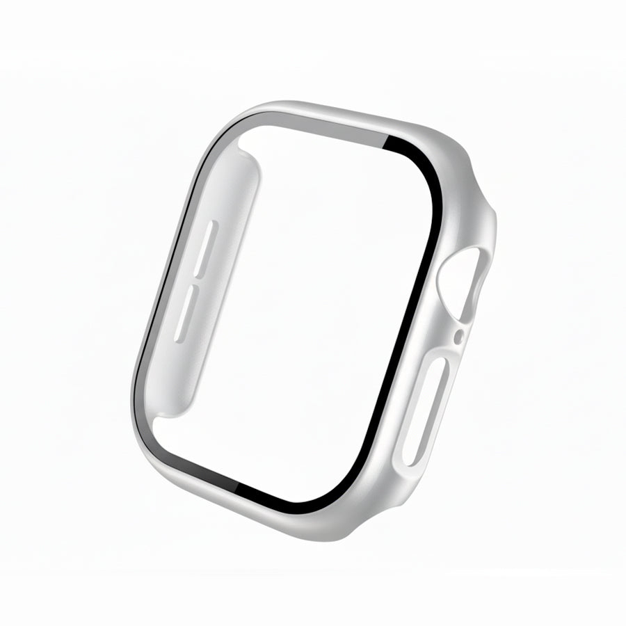 silver Colour made from polycarbonate material protector with a strong built in tempered glass screen to protect your apple watch series 11 42mm and 46mm from damage displayed on a tilted angle