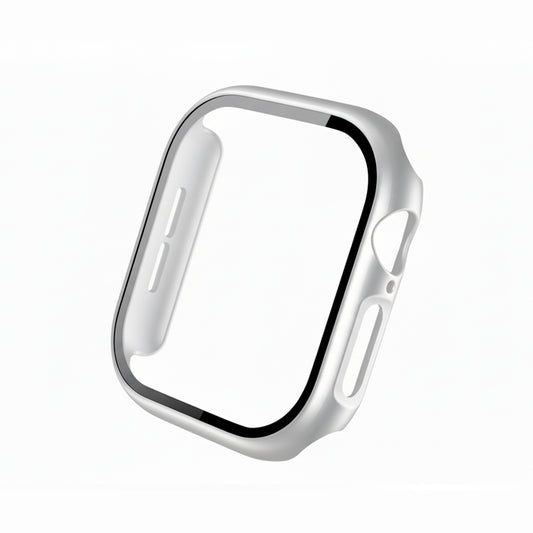 silver Colour made from polycarbonate material protector with a strong built in tempered glass screen to protect your apple watch series 11 42mm and 46mm from damage displayed on a tilted angle