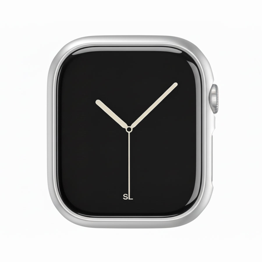silver Colour made from polycarbonate material protector with a strong built in tempered glass screen to protect your apple watch series 11 42mm and 46mm from damage displayed on a tilted angle