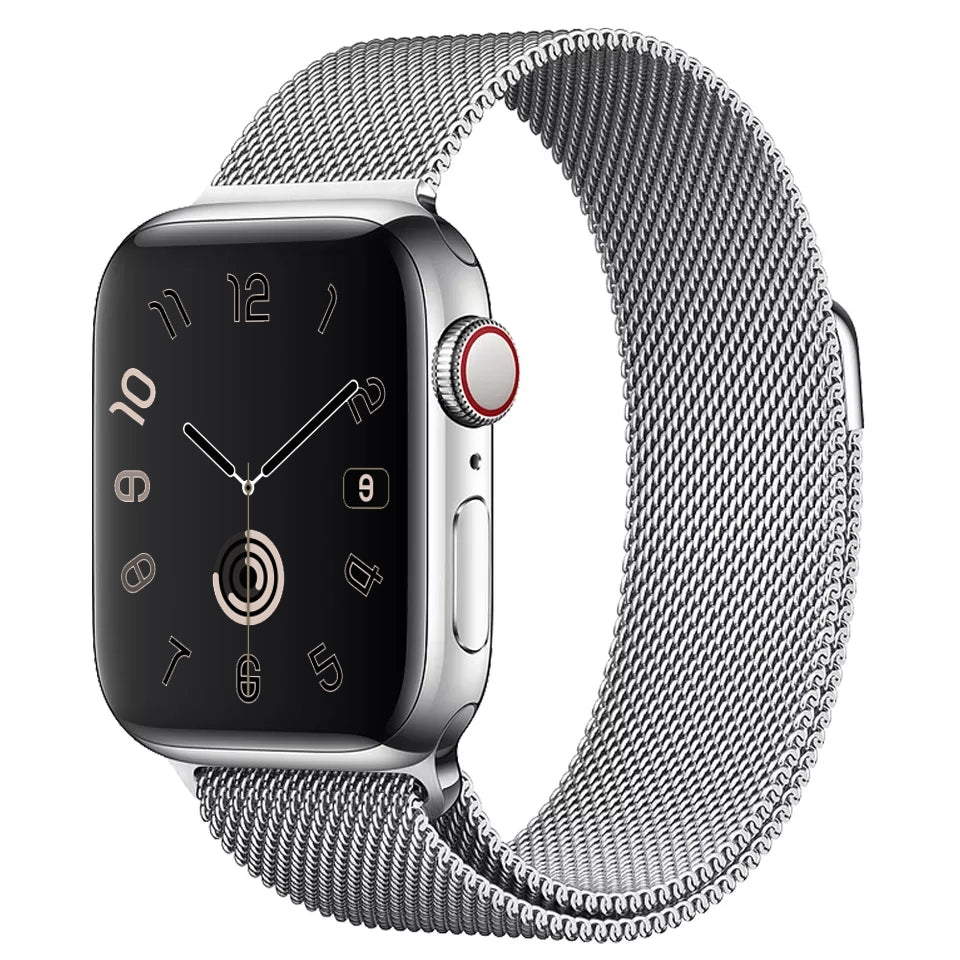 A classic silver stainless steel milanese loop watch strap for the latest apple watch and ultra