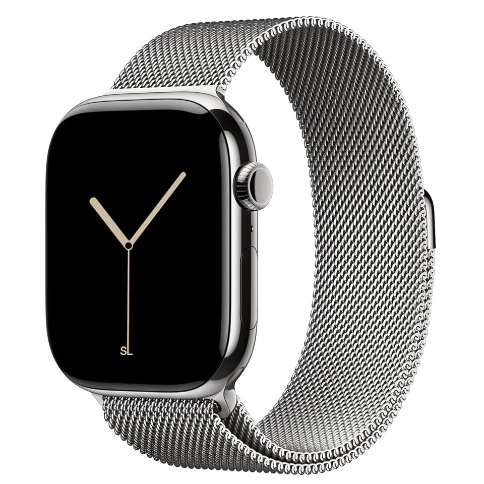 A classic silver stainless steel milanese loop watch strap for the latest apple watch series 11 46mm and 42mm and ultra 3