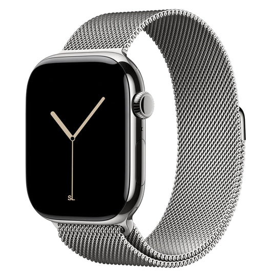 A classic silver stainless steel milanese loop watch strap for the latest apple watch series 11 46mm and 42mm and ultra 3