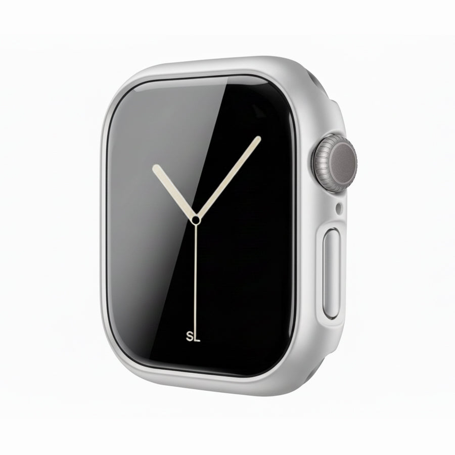 silver Colour made from polycarbonate material protector with a strong built in tempered glass screen to protect your apple watch series 11 42mm and 46mm from damage displayed on a tilted angle