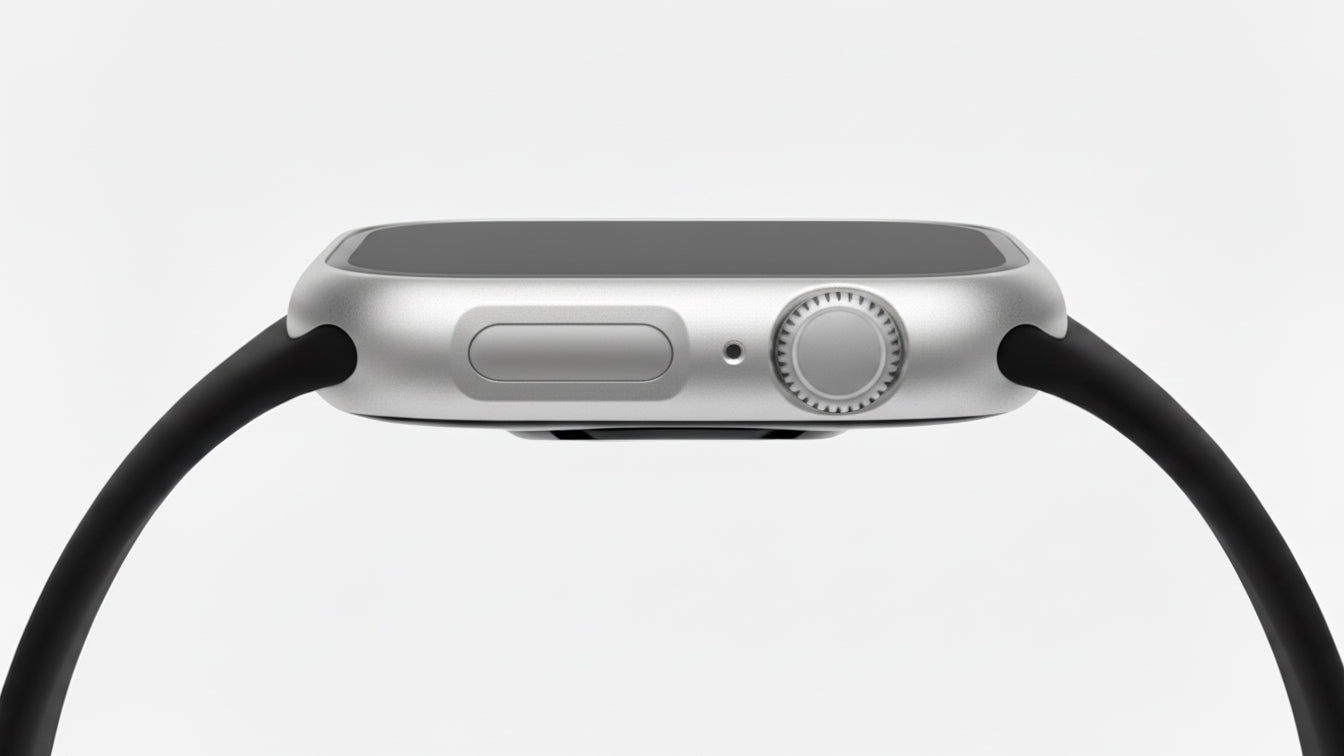 silver Colour made from polycarbonate material protector with a strong built in tempered glass screen to protect your apple watch series 11 42mm and 46mm from damage displayed on a tilted angle