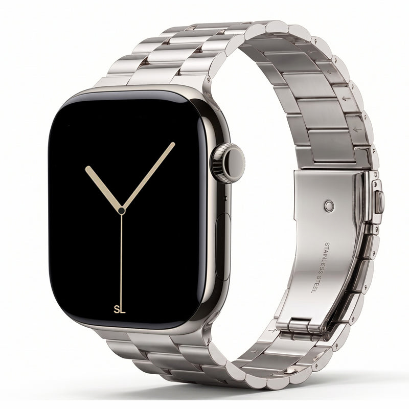 polished silver colour stainless steel metal tri link bracelet apple watch strap made for apple watch series 11 45mm 46mm 49mm Ultra 3