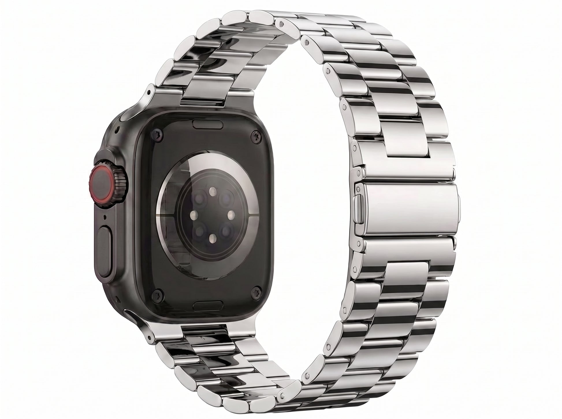 polished silver colour stainless steel metal tri link bracelet apple watch strap made for apple watch series 11 45mm 46mm 49mm Ultra 3