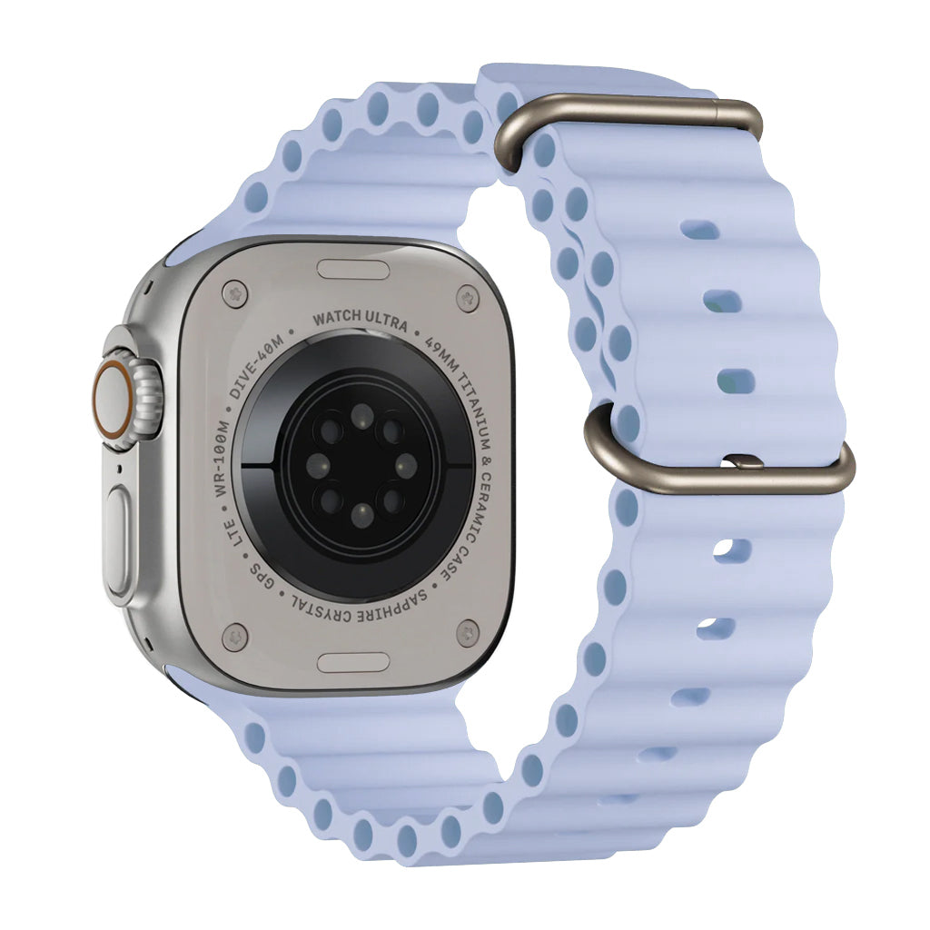 A sky blue colour watch strap band made from silicone  with two metal buckles on an Apple watch series 10 42mm/ 45mm/ 46mm and ultra 2 designed for the ocean and active sports