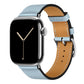 A handmade sky blue with sky blue stitching genuine leather single tour watch strap on an apple watch series 11 42mm and 45mm and 46mm.