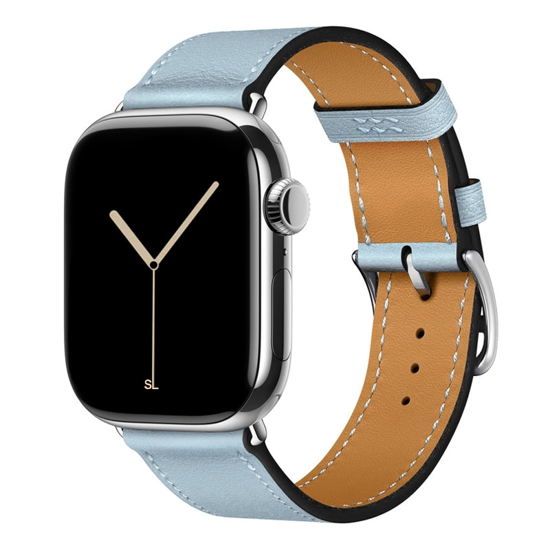 A handmade sky blue with sky blue stitching genuine leather single tour watch strap on an apple watch series 11 42mm and 45mm and 46mm.