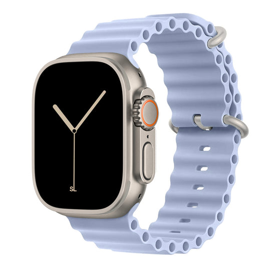A sky blue colour watch strap band made from silicone  with two metal buckles on an Apple watch series 10 42mm/ 45mm/ 46mm and ultra 2 designed for the ocean and active sports