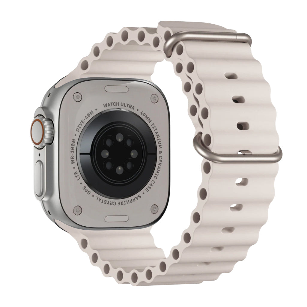 A starlight colour watch strap band made from silicone  with two metal buckles on an Apple watch series 10 42mm/ 45mm/ 46mm and ultra 2 designed for the ocean and active sports