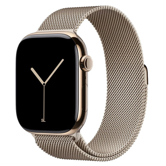 A starlight colour stainless steel milanese loop watch strap for the latest apple watch series 11 42mm, 45mm and 46mm and ultra 3