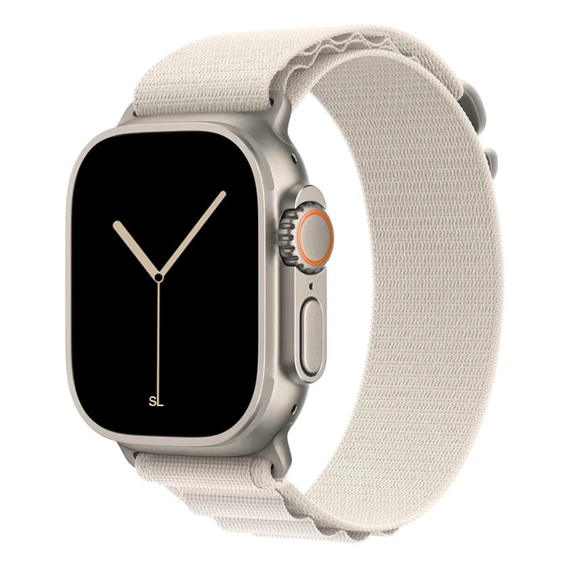 A starlight colour premium nylon watch strap band designed for adventurers and explorers that wear the Apple watch series 10 and Ultra 2