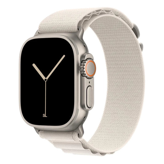 A starlight colour premium nylon watch strap band designed for adventurers and explorers that wear the Apple watch series 10 and Ultra 2