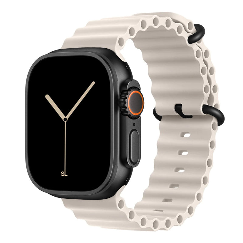 A starlight colour watch strap band made from silicone  with two metal buckles on an Apple watch series 11 42mm/ 45mm/ 46mm and ultra 3 designed for the ocean and active sports