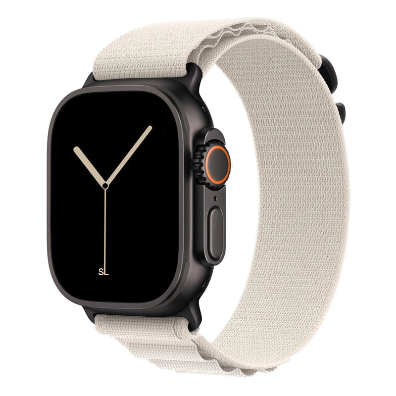 A starlight colour premium nylon watch strap band with black metal buckle hardware designed for adventurers and explorers that wear the Apple watch series 11 and Ultra 3