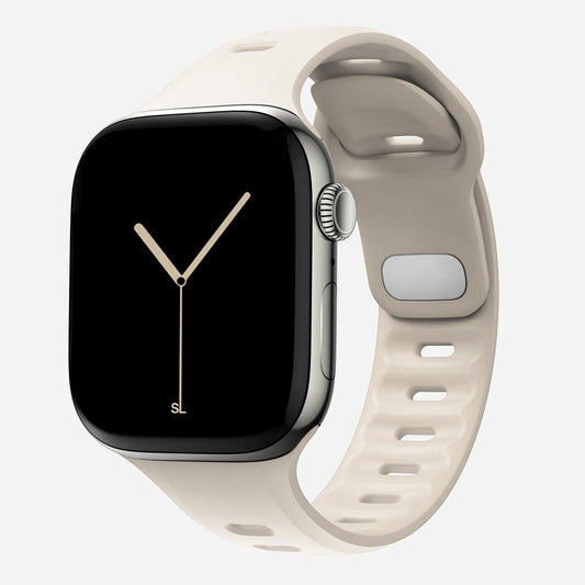 A starlight colour premium silicone watch strap developed for apple watch series 11 size 42mm 46mm and apple watch ultra 3, designed for active sports activities with interior groves for breathability and smooth outer