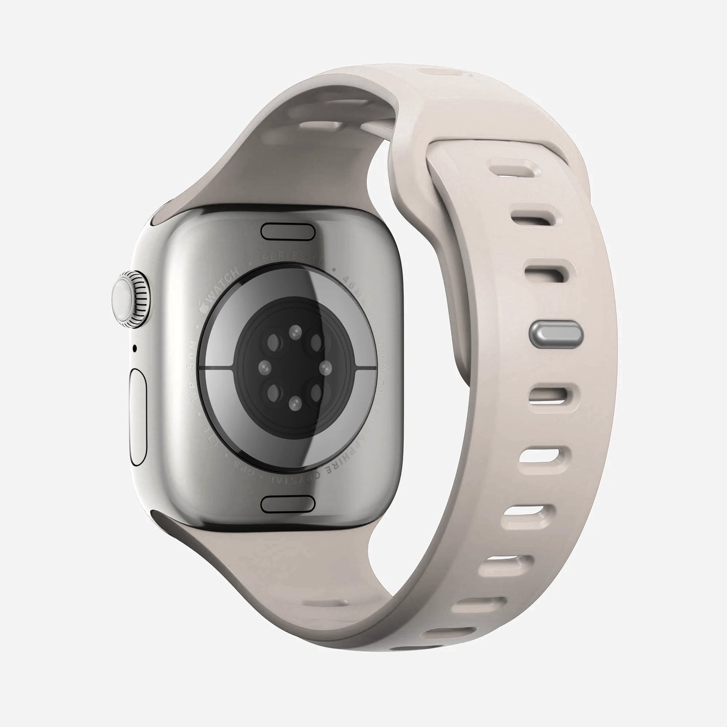 A starlight colour premium silicone watch strap developed for apple watch series 11 size 42mm 46mm and apple watch ultra 3, designed for active sports activities with interior groves for breathability and smooth outer