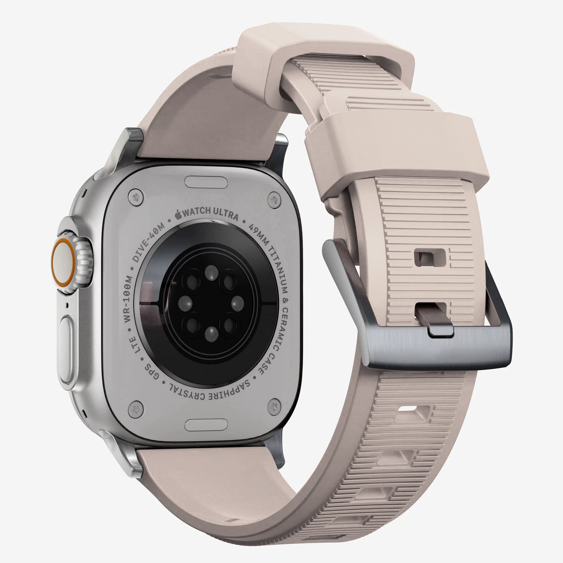 New starlight silicon with metal connectors, pin and buckle watch strap with compression grooves designed for apple watch series 9 45mm and ultra 2 side angle