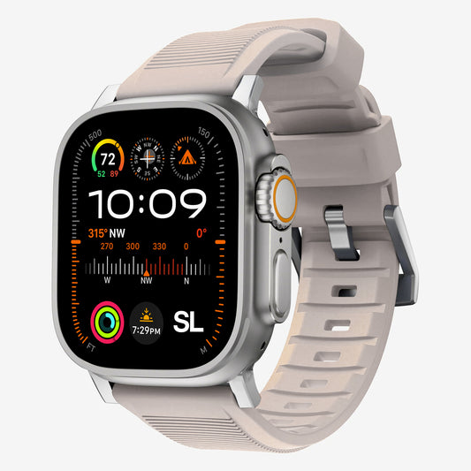 New starlight silicon with metal connectors, pin and buckle watch strap with compression grooves designed for apple watch series 9 45mm and ultra 2 side angle