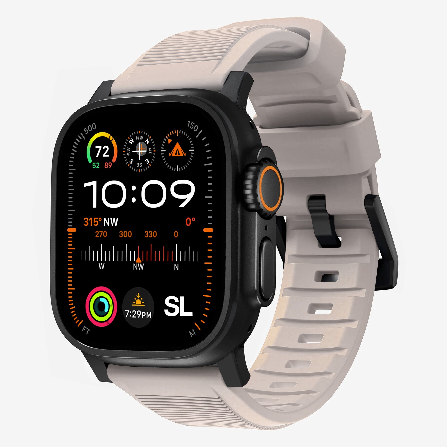 New starlight silicon with metal connectors, pin and buckle watch strap with compression grooves designed for apple watch series 9 45mm and ultra 2 side angle