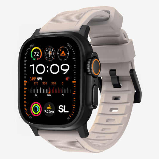 New starlight silicon with metal connectors, pin and buckle watch strap with compression grooves designed for apple watch series 9 45mm and ultra 2 side angle