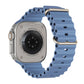 A storm blue colour watch strap band made from silicone  with two metal buckles on an Apple watch series 10 42mm/ 45mm/ 46mm and ultra 2 designed for the ocean and active sports