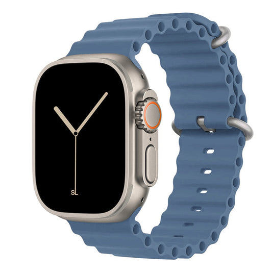 A storm blue colour watch strap band made from silicone  with two metal buckles on an Apple watch series 10 42mm/ 45mm/ 46mm and ultra 2 designed for the ocean and active sports