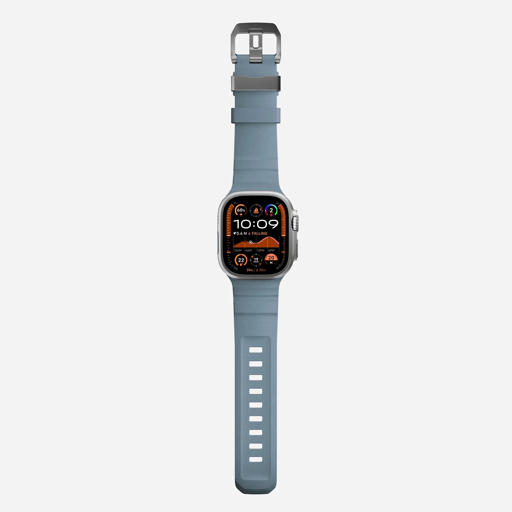 Storm Blue Grey colour premium silicone extra thick watch strap band designed for adventurers and mountain hiking for Apple watch series 10 size 46mm and Ultra 2