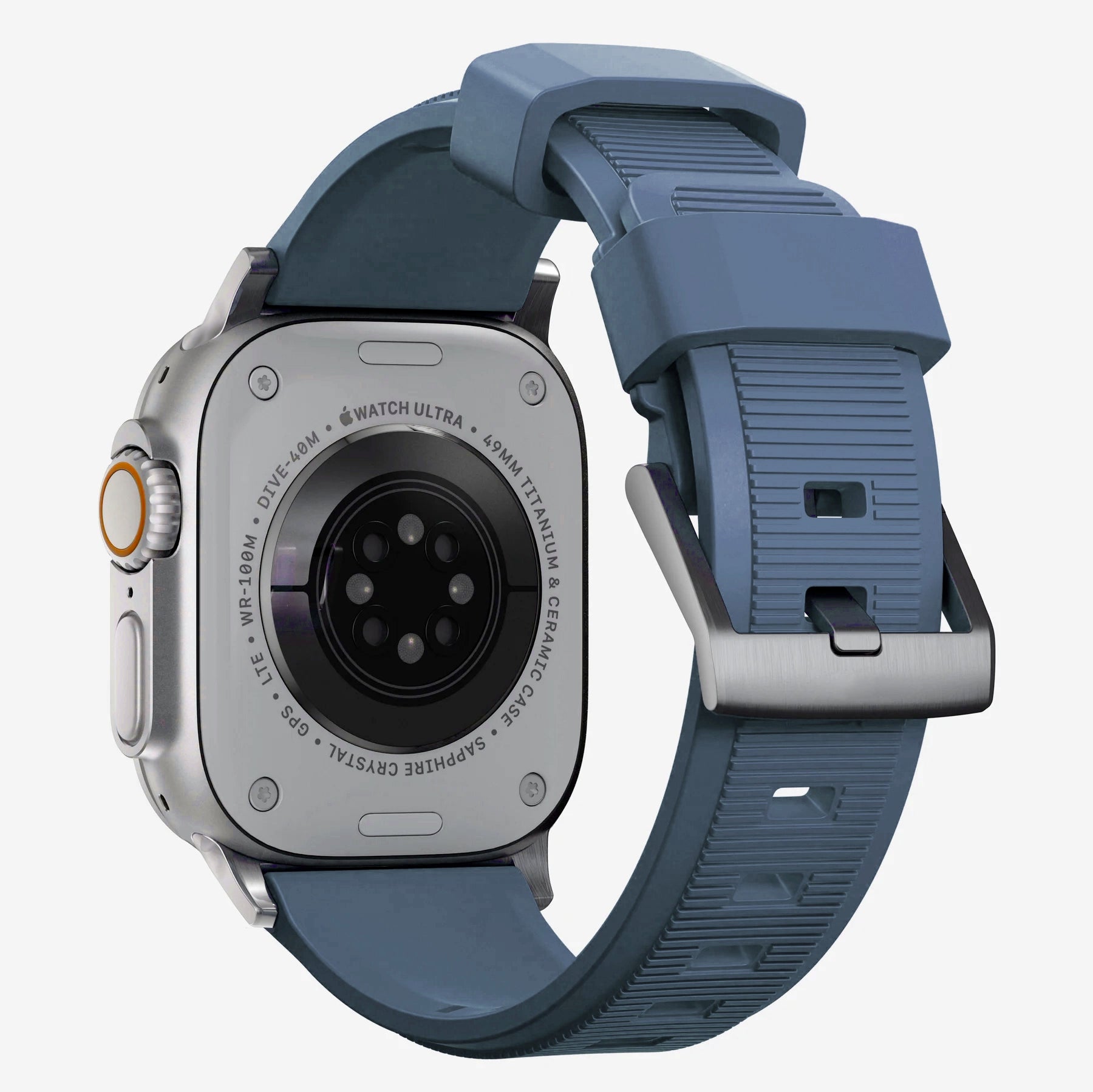 New storm blue silicone with metal connectors, pin and buckle watch strap with compression grooves designed for apple watch series 10 42mm 45mm and ultra 2 side angle
