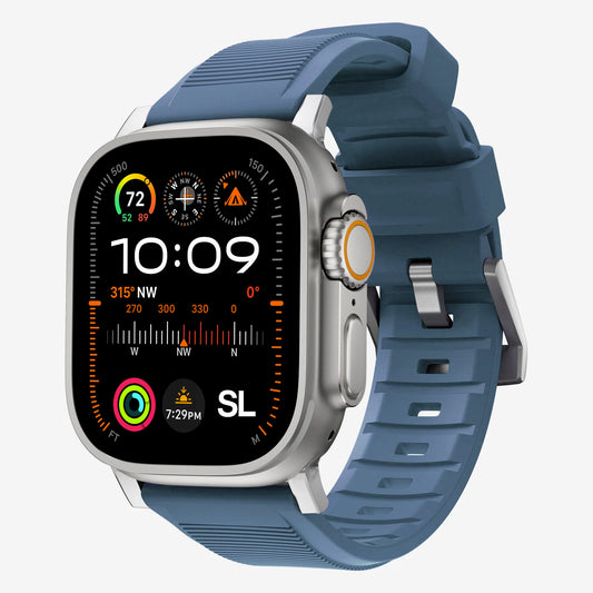 New storm blue silicone with metal connectors, pin and buckle watch strap with compression grooves designed for apple watch series 10 42mm 45mm and ultra 2 side angle