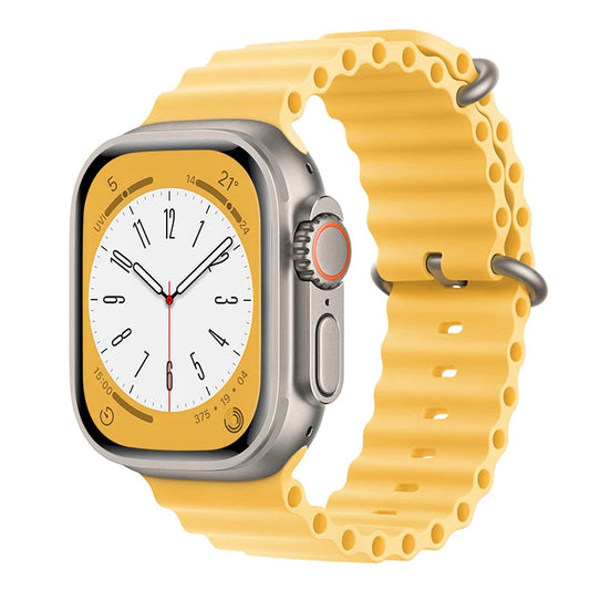 An sunshine yellow silicon watch strap with two buckles on an apple watch series 10 42mm/ 45mm/ 46mm and ultra 2 designed for the ocean