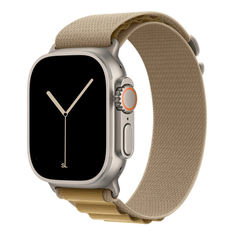 A tan colour premium nylon watch strap band designed for adventurers and explorers that wear the Apple watch series 10 and Ultra 2