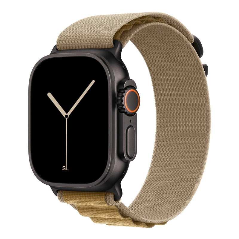 A tan colour premium nylon watch strap band designed for adventurers and explorers that wear the Apple watch series 10 and Ultra 2