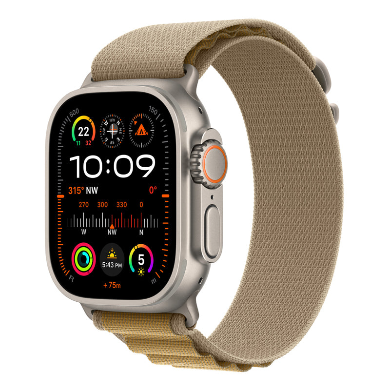 A tan colour with silver buckle premium nylon watch strap band designed for adventurers and explorers that wear the Apple watch series 10 and Ultra 2