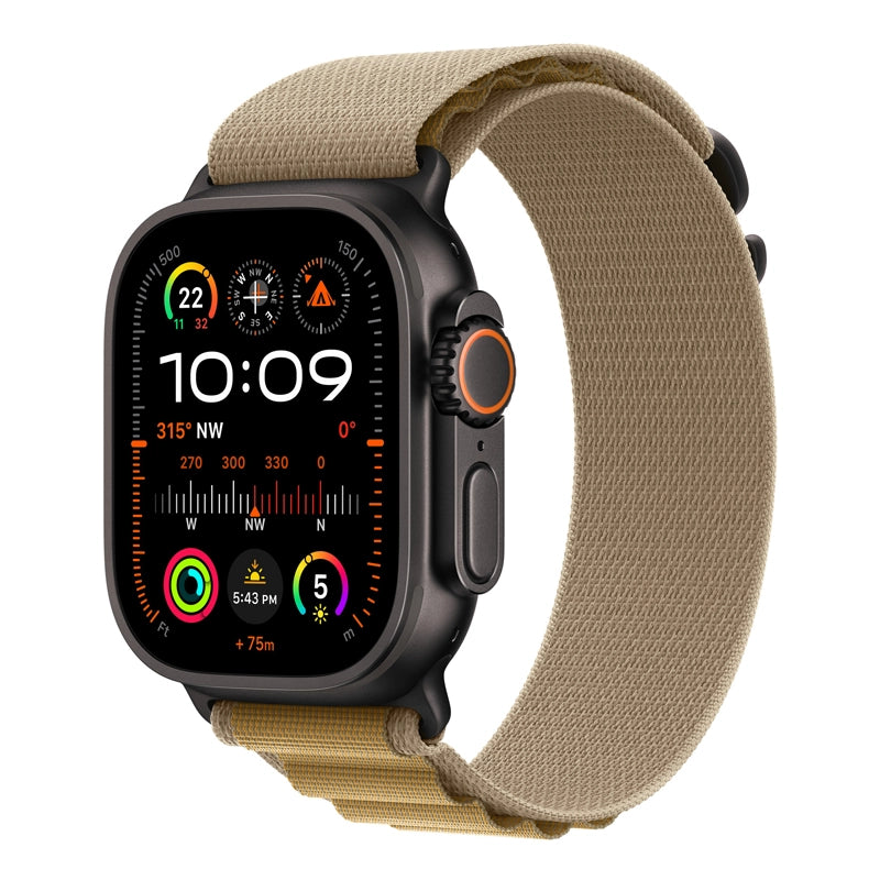 A tan colour with black buckle premium nylon watch strap band designed for adventurers and explorers that wear the Apple watch series 10 and Ultra 2