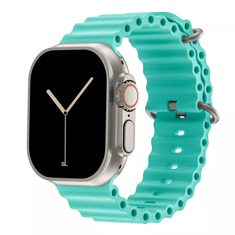 A teal colour watch strap band made from silicone  with two metal buckles on an Apple watch series 10 42mm/ 45mm/ 46mm and ultra 2 designed for the ocean and active sports