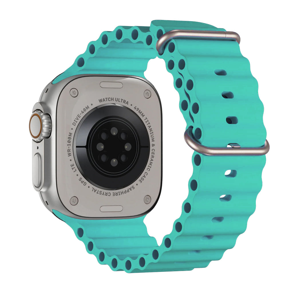 A teal colour watch strap band made from silicone  with two metal buckles on an Apple watch series 10 42mm/ 45mm/ 46mm and ultra 2 designed for the ocean and active sports
