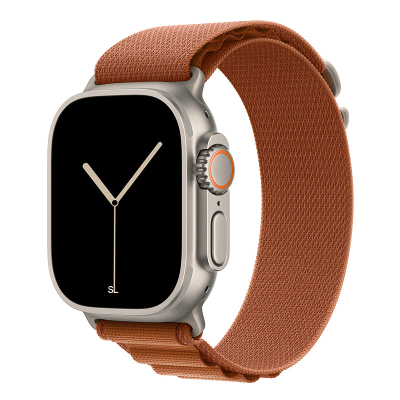 A terra cotta brown colour with titanium matte buckle premium nylon watch strap band designed for adventurers and alpine explorers that wear the Apple watch series 11 and Ultra 3 45mm 46mm 49mm