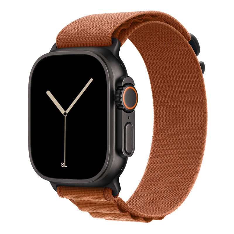 A terra cotta brown colour with black matte buckle premium nylon watch strap band designed for adventurers and alpine explorers that wear the Apple watch series 11 and Ultra 3 45mm 46mm 49mm