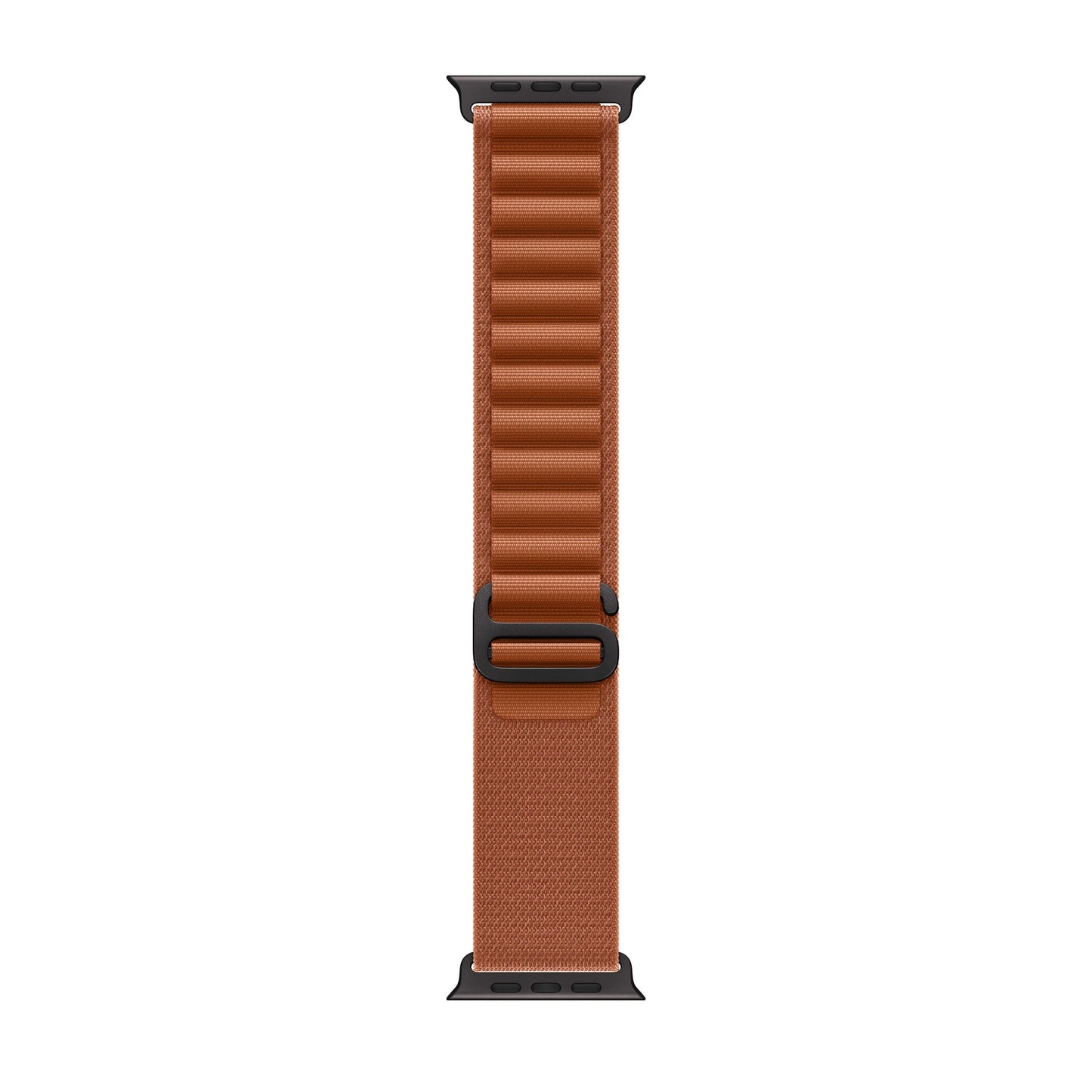 A terra cotta brown colour with black matte buckle premium nylon watch strap band designed for adventurers and alpine explorers that wear the Apple watch series 11 and Ultra 3 45mm 46mm 49mm