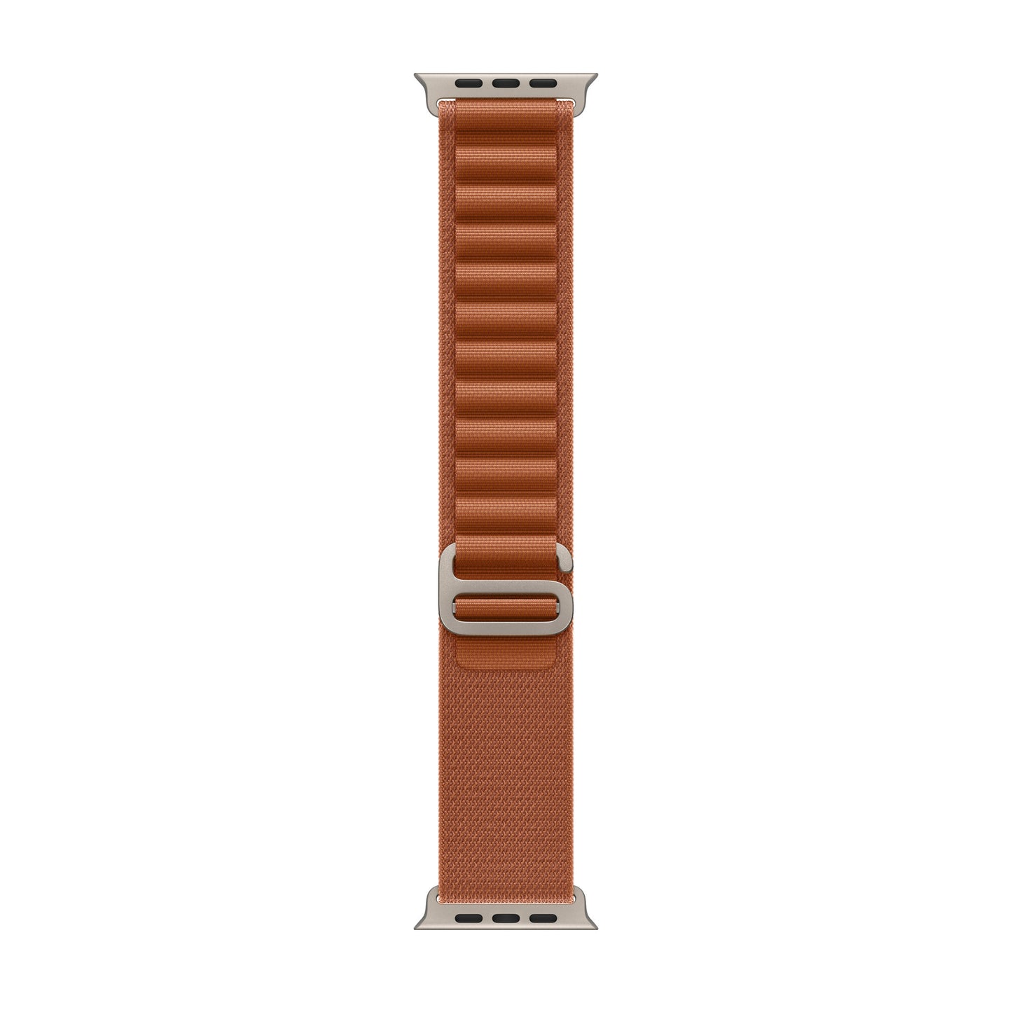 A terra cotta brown colour with titanium matte buckle premium nylon watch strap band designed for adventurers and alpine explorers that wear the Apple watch series 11 and Ultra 3 45mm 46mm 49mm