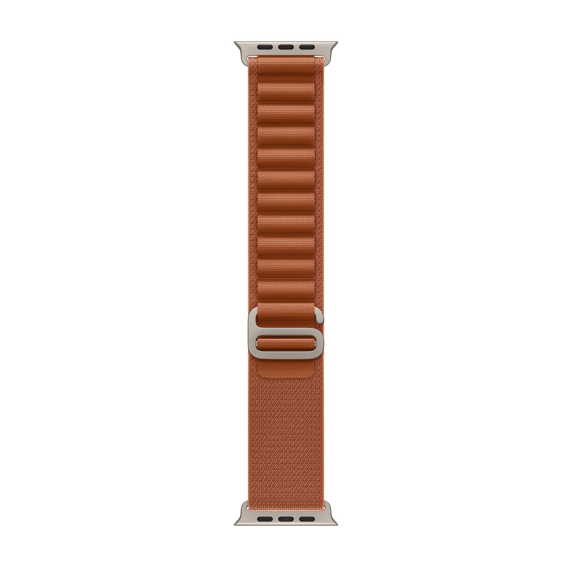 A terra cotta brown colour with titanium matte buckle premium nylon watch strap band designed for adventurers and alpine explorers that wear the Apple watch series 11 and Ultra 3 45mm 46mm 49mm