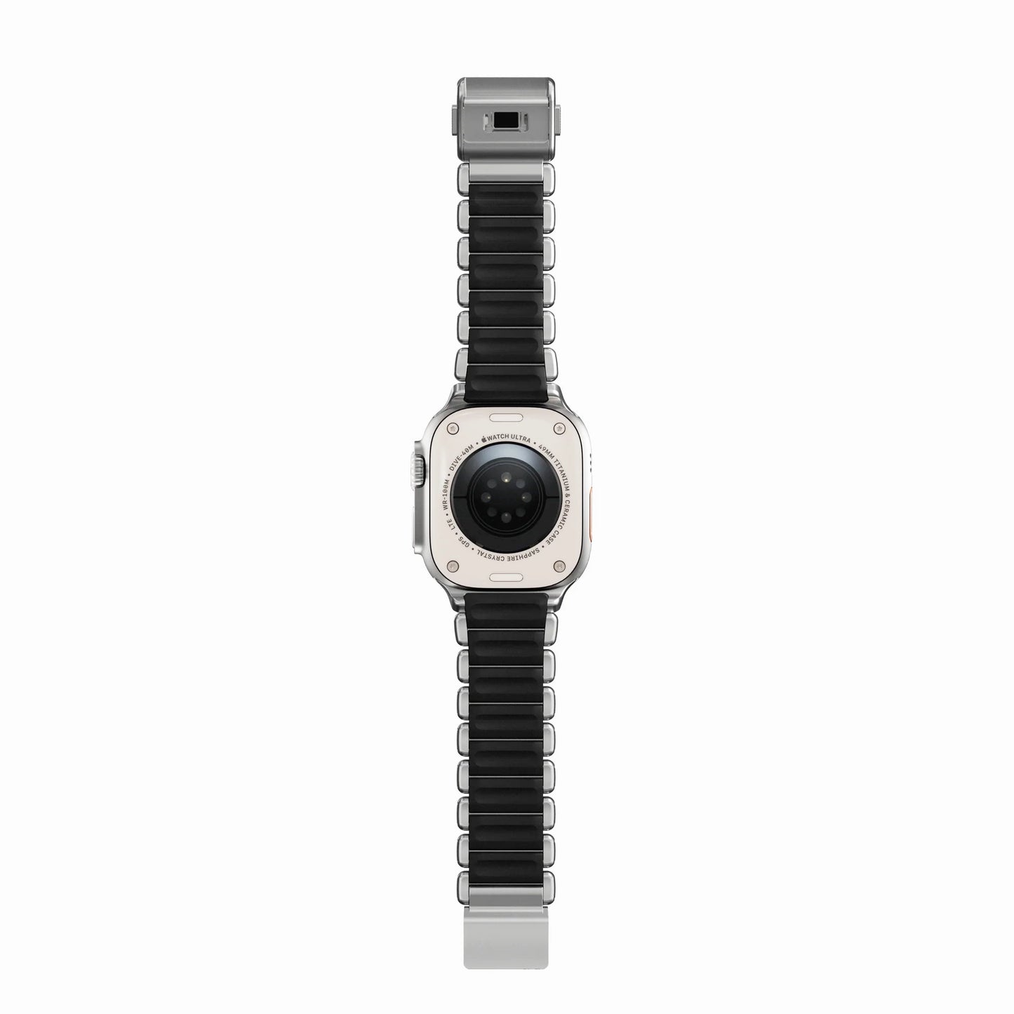 A black colour brushed titanium metal with silicone rubber hybrid strap on an Apple watch series 11 and ultra 3 42mm 45mm 46mm 49mm built with magnetic clasps