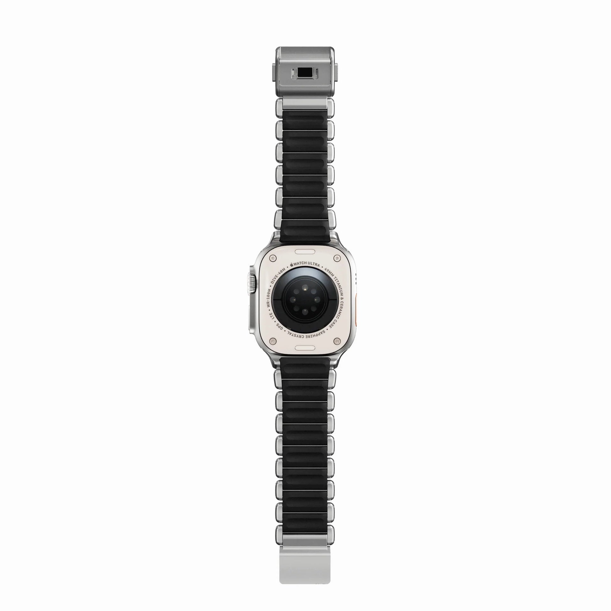 A black colour brushed titanium metal with silicone rubber hybrid strap on an Apple watch series 11 and ultra 3 42mm 45mm 46mm 49mm built with magnetic clasps