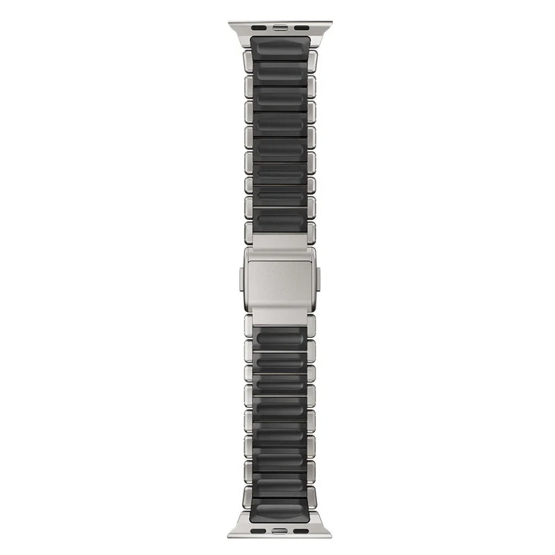 A black colour brushed titanium metal with silicone rubber hybrid strap on an Apple watch series 11 and ultra 3 42mm 45mm 46mm 49mm built with magnetic clasps