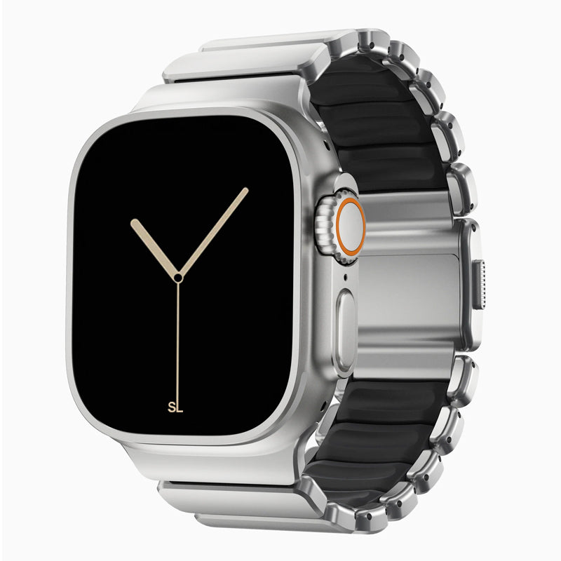 A black colour brushed titanium metal with silicone rubber hybrid strap on an Apple watch series 11 and ultra 3 42mm 45mm 46mm 49mm built with magnetic clasps