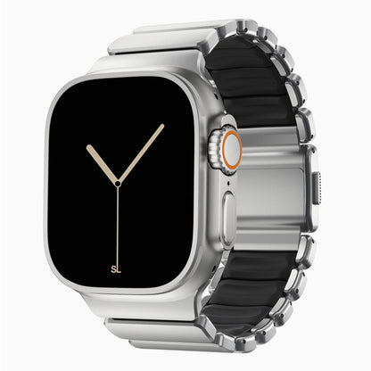 A black colour brushed titanium metal with silicone rubber hybrid strap on an Apple watch series 11 and ultra 3 42mm 45mm 46mm 49mm built with magnetic clasps