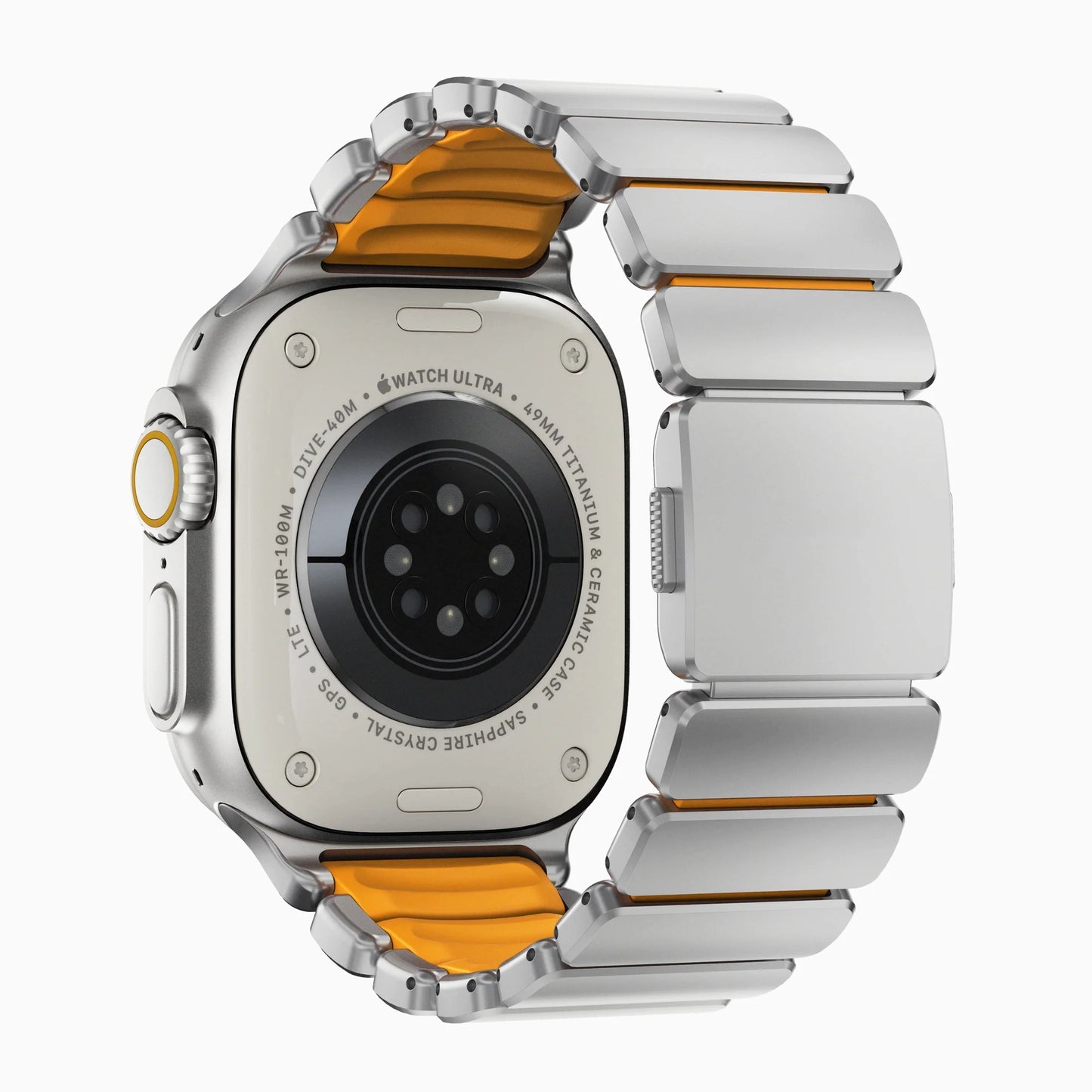 A orange colour brushed titanium metal with silicone rubber hybrid strap on an Apple watch series 11 and ultra 3 42mm 45mm 46mm 49mm built with magnetic clasps